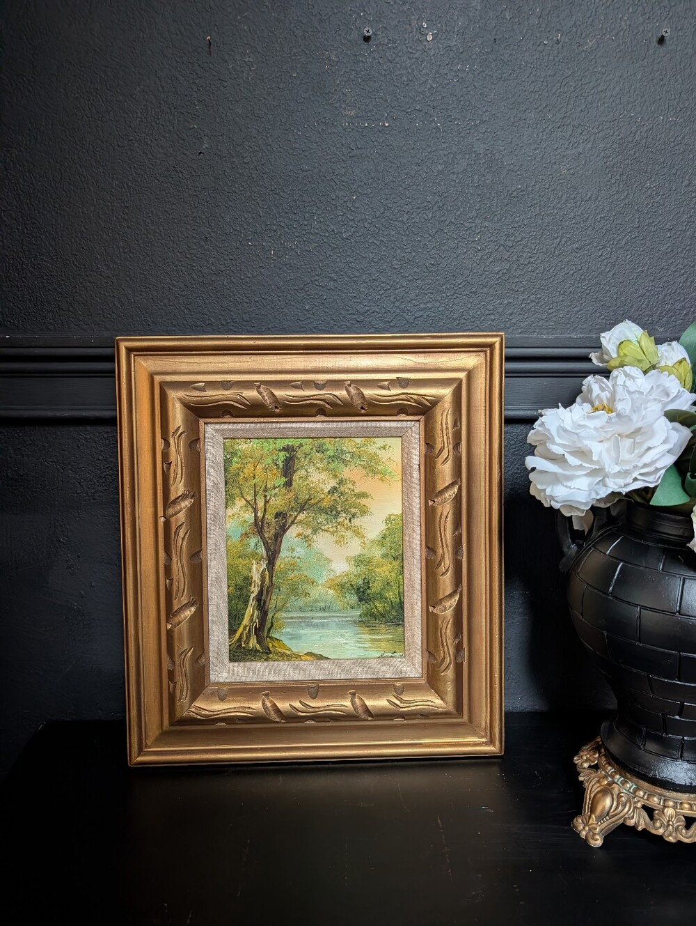 Vintage Impressionist Landscape Oil Painting Signed, Gold Gilt Ornate Framed Art